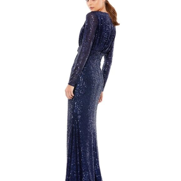 NWT IEENA for Mac Duggal Womens Size 2 Navy Blue Sequin Long Sleeve Mesh Gown - Picture 12 of 13